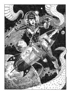 "shane white" "shane patrick white" "illustration" "pen and ink" "black and white" "crosshatching" "scifi" "spacegirl" "pinup"