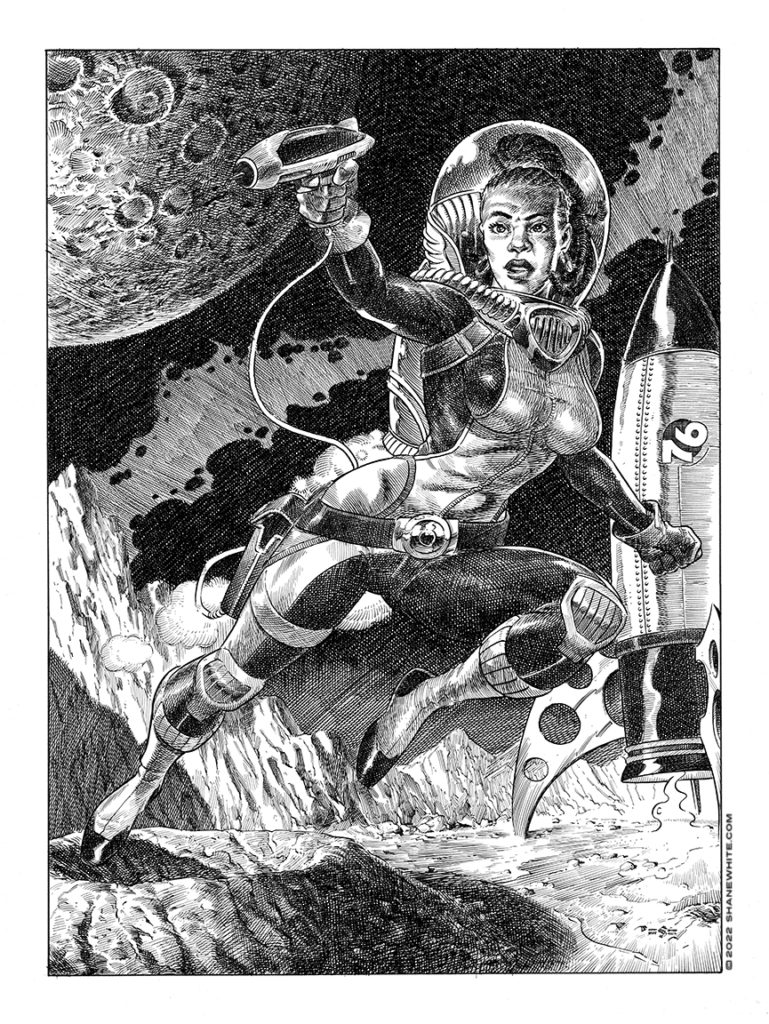 "shane white" "shane patrick white" "illustration" "pen and ink" "black and white" "crosshatching" "scifi" "spacegirl" "pinup"